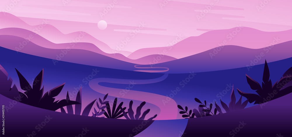 Poster vector illustration in flat simple style with copy space for text - night landscape with natural sce