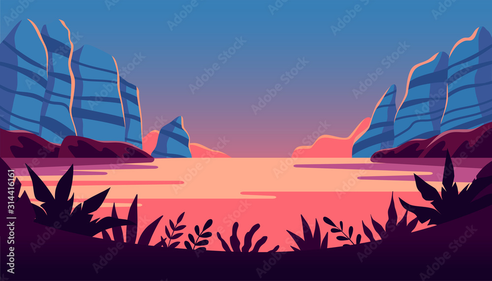 Poster vector illustration in flat simple style with copy space for text - night landscape with natural sce