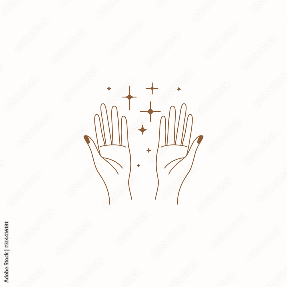 Aufkleber Vector abstract logo design template in trendy linear minimal style - hand with stars - symbol for cosmetics, jewellery, beauty products