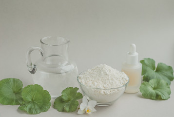 Natural skincare cosmetic products with fresh leaves. Clay masks, distilled water, serums. Beauty, blogger, fashion concept.