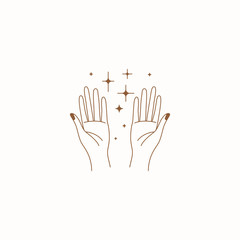 Vector abstract logo design template in trendy linear minimal style - hand with stars - symbol for cosmetics, jewellery, beauty products