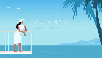 Fototapeten Vector illustration in trendy flat and simple style -  summer landscape and woman enjoying vacation - background for banner, greeting card, poster and advertising © venimo