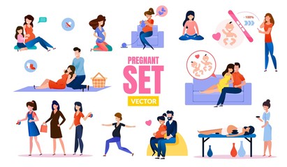Pregnant Woman Character in Various Situation, Happy and Active Pregnancy Scenes Trendy Flat Vector Set Isolated on White Background. Woman Waiting Childbirth, Preparing for Maternity Illustration