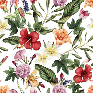 Seamless floral pattern with tropical flowers, watercolor. Vector illustration.
