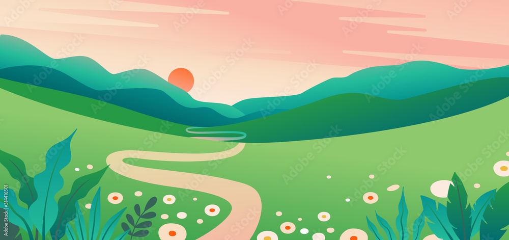 Poster Vector illustration in flat simple style  with copy space for text - summer landscape with natural scene - gradient hills - abstract background or wallpaper for banner, greeting card, wallpaper