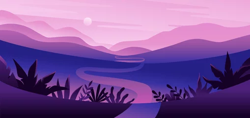 Poster Im Rahmen Vektorillustration im flachen einfachen Stil mit Kopienraum für Text - Nachtlandschaft mit natürlicher Szene - Palmen und Hügel © venimo