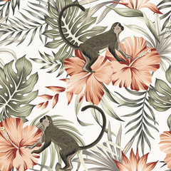 Tropical vintage monkey, hibiscus flower, strelitzia, palm leaves floral seamless pattern ivory background. Exotic jungle wallpaper.