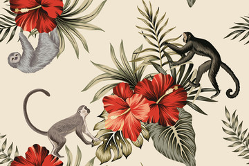  Tropical vintage botanical palm leaves, monkey, red hibiscus floral seamless pattern ivory background. Exotic jungle animal wallpaper.