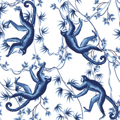 Tropical vintage liana, monkey animals floral seamless pattern white background. Exotic blue jungle wallpaper. © good_mood
