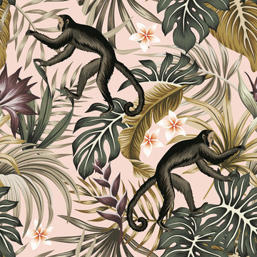 Tropical vintage wild animal monkey, plumeria flower, strelitzia, palm leaves floral seamless pattern pink background. Exotic jungle wallpaper.