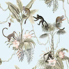 Wall murals African animals Hawaiian vintage botanical palm tree,banana tree, palm leaves, hibiscus flower, liana, monkey animal summer paradise floral seamless pattern blue background.Exotic jungle wallpaper.