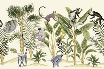 Tropical vintage botanical landscape, palm tree, banana tree, plant, sloth, monkey, lemur floral seamless border yellow background. Exotic green jungle animal wallpaper.