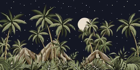 Wall murals Vintage botanical landscape Tropical night starry moon vintage floral palm tree, plants, mountain seamless border black background. Exotic dark jungle wallpaper.