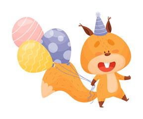 Cute Squirrel Character Holding Balloons and Walking to Birthday Party Vector Illustration