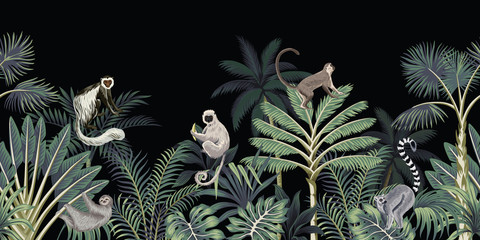 Panele Szklane  Tropikalna noc vintage kwiatowy palmy, drzewo bananowe, rośliny, dzikie zwierzęta małpa, lenistwo, lemur bezszwowe granica czarne tło. Tapeta egzotyczna ciemna dżungla.