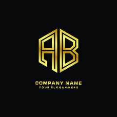 Initial letter AB, minimalist line art monogram hexagon logo, gold color