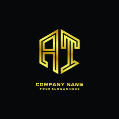 Initial letter AT, minimalist line art monogram hexagon logo, gold color