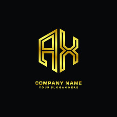 Initial letter AX, minimalist line art monogram hexagon logo, gold color