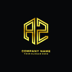Initial letter AZ, minimalist line art monogram hexagon logo, gold color
