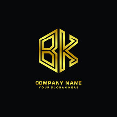 Initial letter BK, minimalist line art monogram hexagon logo, gold color