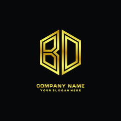 Initial letter BO, minimalist line art monogram hexagon logo, gold color