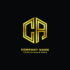 Initial letter CA, minimalist line art monogram hexagon logo, gold color