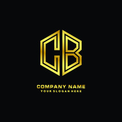 Initial letter CB, minimalist line art monogram hexagon logo, gold color