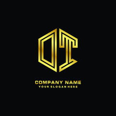 Initial letter DT, minimalist line art monogram hexagon logo, gold color