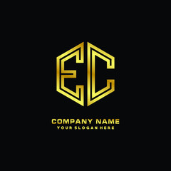 Initial letter EC, minimalist line art monogram hexagon logo, gold color