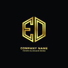 Initial letter EO, minimalist line art monogram hexagon logo, gold color