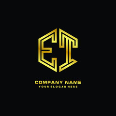Initial letter ET, minimalist line art monogram hexagon logo, gold color