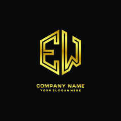 Initial letter EW, minimalist line art monogram hexagon logo, gold color