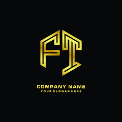 Initial letter FT, minimalist line art monogram hexagon logo, gold color