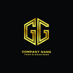 Initial letter GG, minimalist line art monogram hexagon logo, gold color