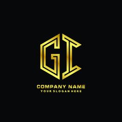 Initial letter GI, minimalist line art monogram hexagon logo, gold color