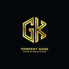 Initial letter GK, minimalist line art monogram hexagon logo, gold color