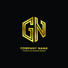 Initial letter GN, minimalist line art monogram hexagon logo, gold color