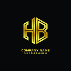 Initial letter HB, minimalist line art monogram hexagon logo, gold color