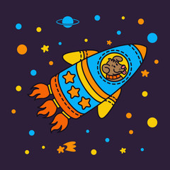 Dog in a rocket spaceship. Star galaxy. Cute cosmonaut dog in outer space. Vector illustration on the space theme in childish style.