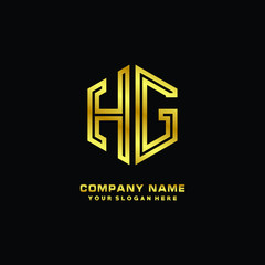 Initial letter HG, minimalist line art monogram hexagon logo, gold color