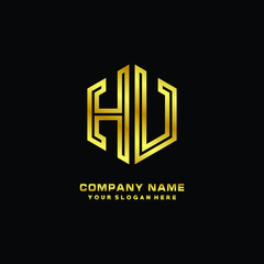 Initial letter HV, minimalist line art monogram hexagon logo, gold color