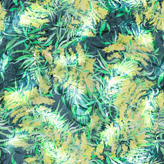Fototapeta na wymiar Seamless vintage pattern, green flowers, Plant in watercolor. Mimosa, acacia,cedar branch, spruce, pine. Blossoming green acacia or caragana tree. Fashionable background. Abstract splash of paint. 
