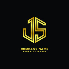 Initial letter JS, minimalist line art monogram hexagon logo, gold color