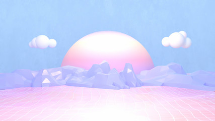 Fototapeta na wymiar Retro soft pastel color mountain landscape and sunset. 3d rendering picture.
