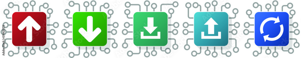 Poster Set of arrow, refresh, reload and direction icons for webdesign and mobile applications, cpu, chip concept vector illustration