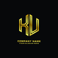Initial letter KU, minimalist line art monogram hexagon logo, gold color
