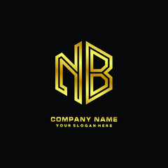 Initial letter NB, minimalist line art monogram hexagon logo, gold color
