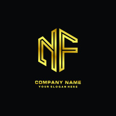 Initial letter NF, minimalist line art monogram hexagon logo, gold color