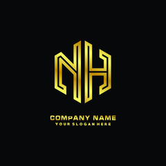Initial letter NH, minimalist line art monogram hexagon logo, gold color