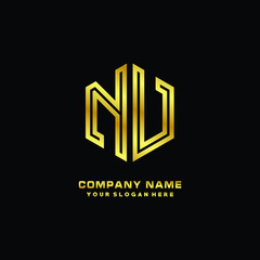 Initial letter NV, minimalist line art monogram hexagon logo, gold color